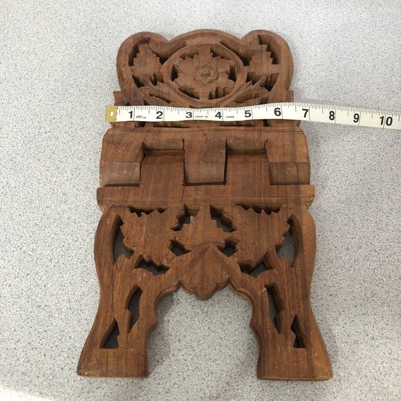 Carved Teak Wood Book Holder Stand Towels Napkins Cookbooks Vintage Floral Leaf - Picture 10 of 11